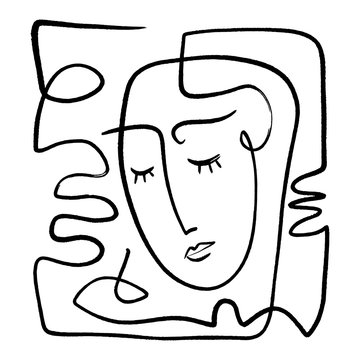 recommend clip art: Simple hand drawn black and white trendy line portrait art. Abstract composition