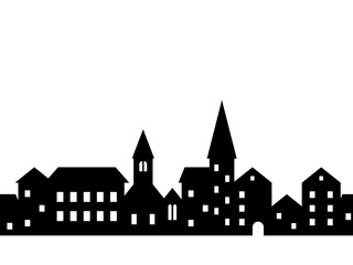 Black and white houses and buildings small town street seamless border, vector - 251787174