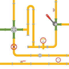 Industrial pipeline concept. Pipe system for admission: oil, water or gas. Pipeline with fittings, pressure valve, pump, tap, pressure gauge and valve. Vector illustration.