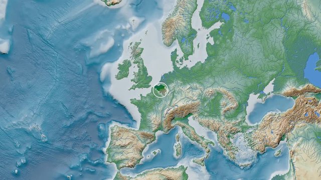 Belgium area presented against the global physical map in the Kavrayskiy VII projection with animated oblique transformation