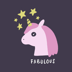 Vector nursery lettering doodle poster and postcard with unicorn in scandinavian style