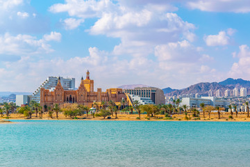 Cityscape of Eilat viewed behind the peace lagoon, Israel