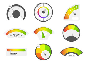 Speedometer icons. Credit score indicators. Speedometer goods gauge rating meter. Level indicator, credit loan scoring manometers vector set.