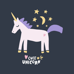 Vector nursery lettering doodle poster and postcard with unicorn in scandinavian style © Knstart Studio