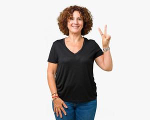 Beautiful middle ager senior woman over isolated background showing and pointing up with fingers number two while smiling confident and happy.