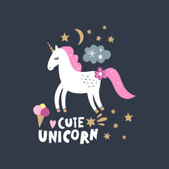 Vector nursery lettering doodle poster and postcard with unicorn in scandinavian style
