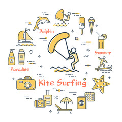 Vector kite surfing entertainment and summer icons