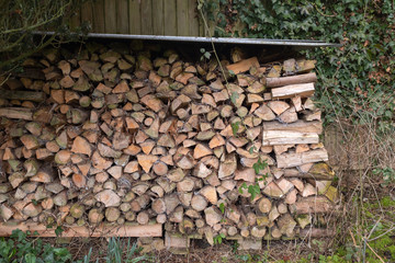 A pile of chopped firewood under a lean to