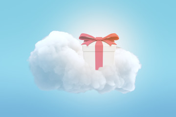 3d rendering of gift box with red ribbon on top of white cloud on blue background
