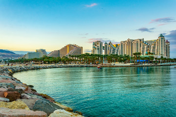 Sunset view of hotels in israeli holiday resort Eilat, Israel