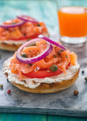 Bagel with smoked salmon and cream cheese for the breakfast