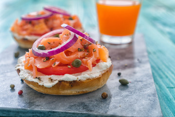 Bagel with smoked salmon and cream cheese for the breakfast