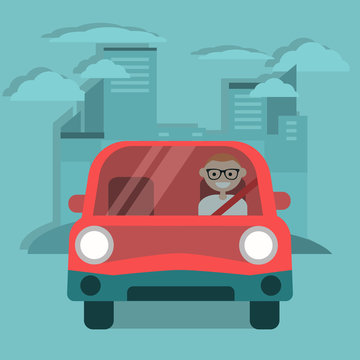 recommend clip art: Young character driving a red car. Urban lifestyle. Flat cartoon illustration, clip art