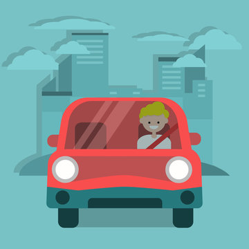 recommend clip art: Young character driving a red car. Urban lifestyle. Flat cartoon illustration, clip art