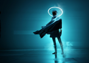 A futuristic space women cyborg astronaut standing in front of the camera with a glowing neon loop. Conceptual people portrait 3D illustration.