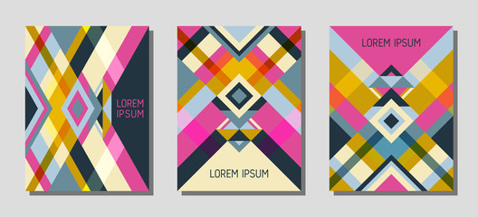 Cover page layout vector template geometric design with triangles and stripes pattern.