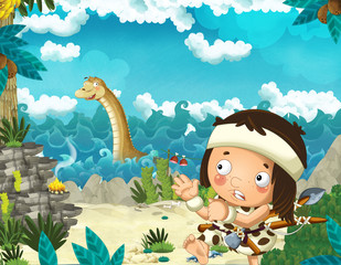 cartoon scene with caveman near the sea shore looking at some happy and funny giant dinosaur diplodocus or other swimming dinosaur - illustration for children