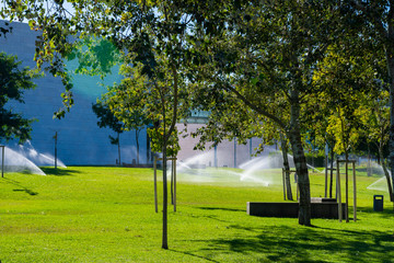 Automatic sprinkler watering in the garden or city park
