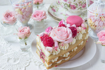 A piece of cake with flowers. Romantic Valentine's Day breakfast.