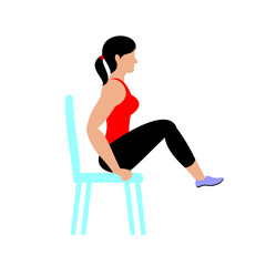 Beautiful young woman doing exercises with chair at home. A young girl exercising fitness training. Vector flat illustration.