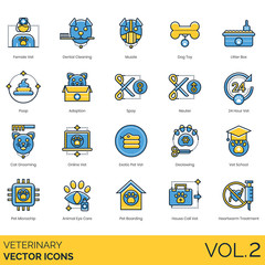 Veterinary icons including female vet, dental cleaning, muzzle, dog toy, litter box, poop, adoption, spay, neuter, 24 hours, cat grooming, online, exotic pet, declawing, school, microchip, eye care.