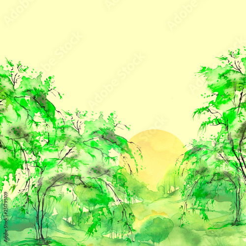Watercolor Landscape Green Trees Bushes Field Wild Grass