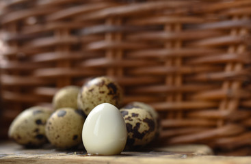 quail egg on the background of a wicker basket