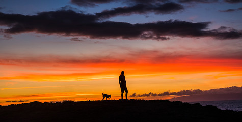 Man standing in the sunset with best friend dog animal with him - friendship and romantic outdoor leisure activity for people - colors and red clouds - vacation enjoying life