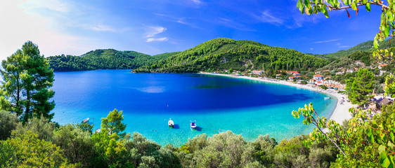 Best beaches of Skopelos - beautiful Panormos bay. Sporades island of Greece - obrazy, fototapety, plakaty
