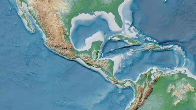 Belize area presented against the global physical map in the Patterson Cylindrical projection with animated oblique transformation