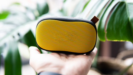 wireless speaker in use. Music lovers and modern audio technology