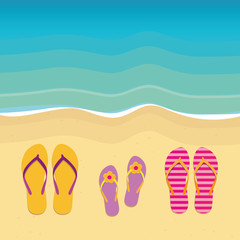 three pairs of flip flops on the beach family summer holiday vector illustration EPS10