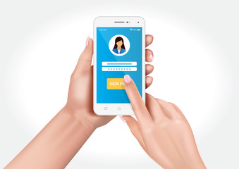 Vector design showing hands holding a smartphone with the option to login to the application