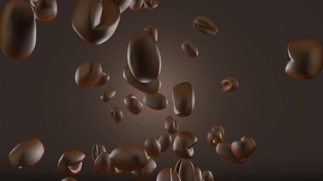 3D rendered animation of falling roasted coffee beans.