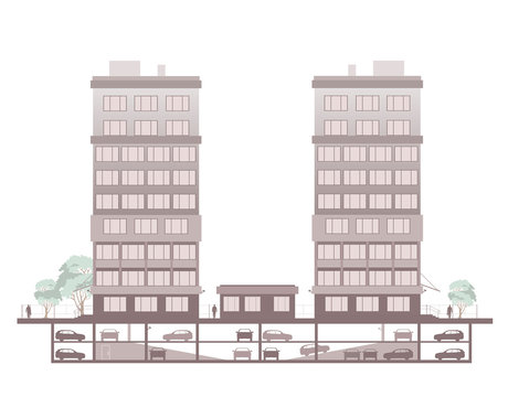 Scheme Of Office Building With Underground Parking. Vector Illustration