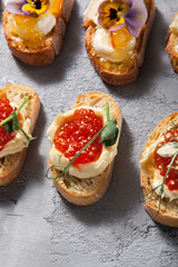 Different types of bruschetta with meat and cheese on a gray concrete background close-up