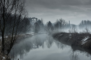 river, landscape, fog, nature, water