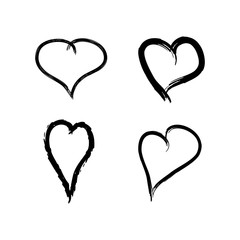 Set of grunge hearts. Isolated outlines painted with rough brush. Sketch, watercolor, graffiti. Vector illustration.
