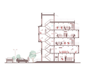 Cutaway office buildig isolated on white. Vector illustration