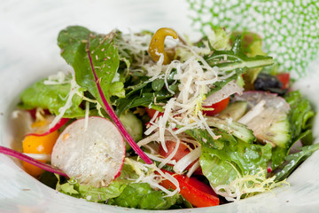 fresh and bright, vegetable salad from various and appetizing vegetables for designer solutions in cooking