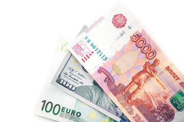 Dollar, euro,ruble banknotes. International currencies.