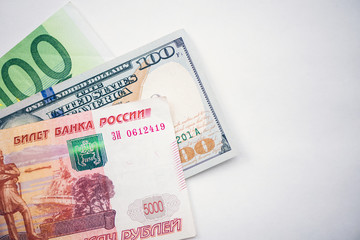 Obraz premium Dollar, euro,ruble banknotes. International currencies.