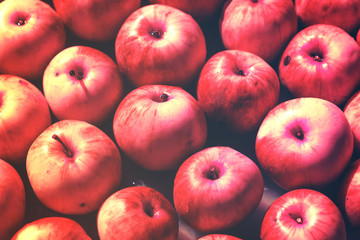 Many red and yellow apples, colorful background