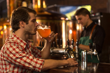 Side view of man holding glass and drinking delicious beer. Client of brewery wearing in checked shirt sitting at bar counter. Concentrated barmen in black shirt working behind.