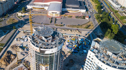 Top view of the construction site of a residential high-rise building