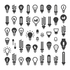 Set Light bulbs, Led lamps types, fluorescent, filament, halogen, diode and other illumination. Electric shop ideas.