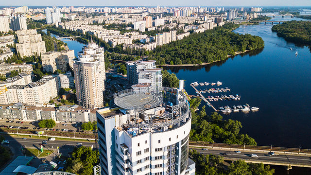 Top view of the construction site of a residential high-rise building on Dniepr river