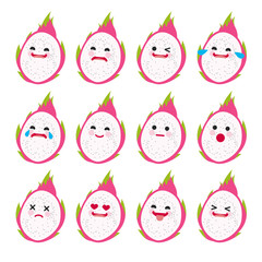 Set of Emoticons. Smile Emoji icons. Cute pitahaya. Isolated vector illustration