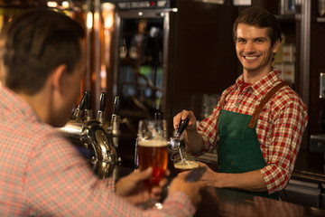 Charming and positive bartender working in beer pub, serving beverages to clients. Handsome barman in checked shirt and apron standing behind bar counter, pouring fresh beer.