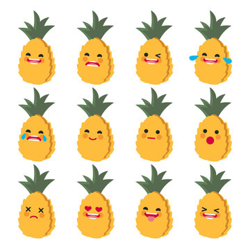 Set of Emoticons. Smile Emoji icons. Cute pineapple. Isolated vector illustration
